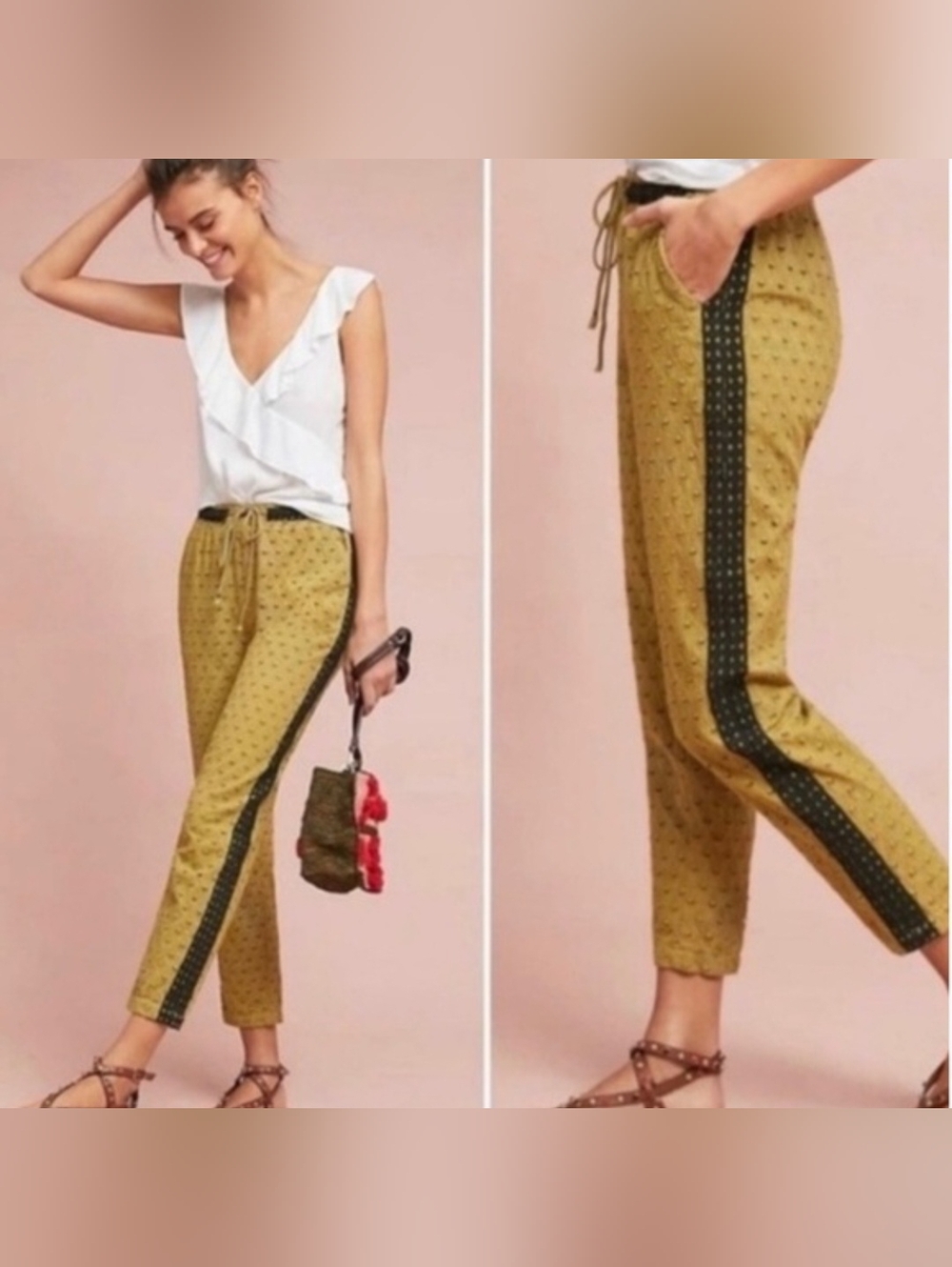 Anthropologie Olive Eyelet Drawstring Cropped Pants W/ Black Embroidered Trim SM
